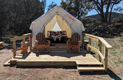 Vanderpool RV Rental | Romantic Glamping Getaways in Texas Hill Country in this Cute Safari Tent Rental
