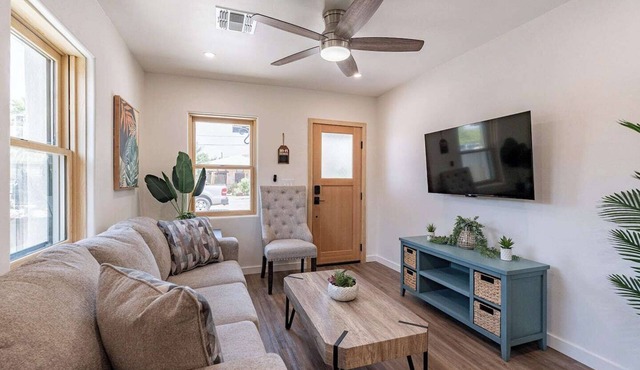 Located downtown this 1 bedroom 1 bathroom is fully remodeled with your own dedicated electric vehicle charger .