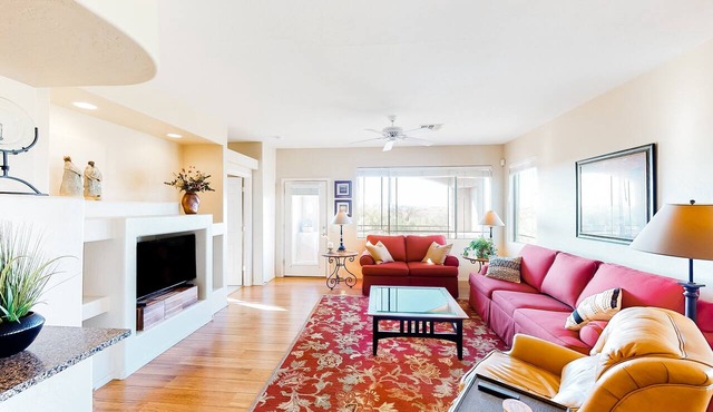 Serene mountain view condo with balcony, patio, washer/dryer, & board games